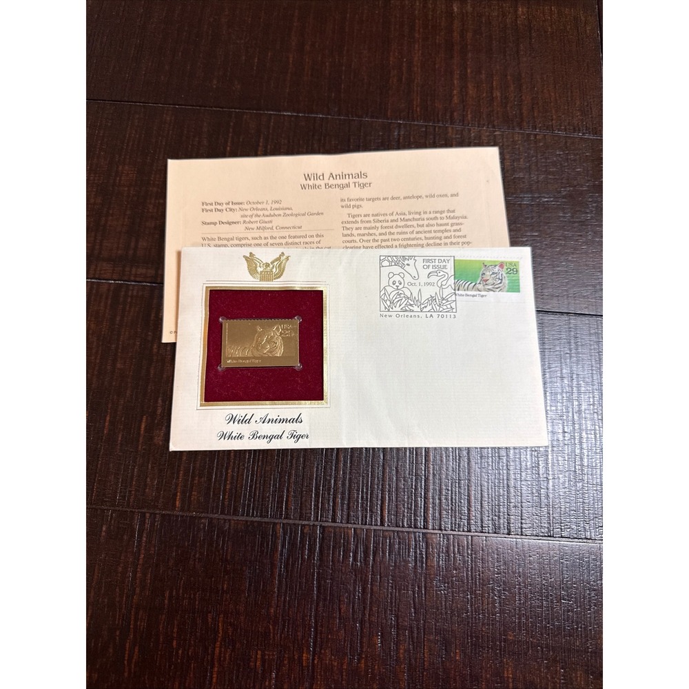 1992 White Bengal Tiger 22kt Gold Foil Stamp First Day Cover Wild Animals PCS‎